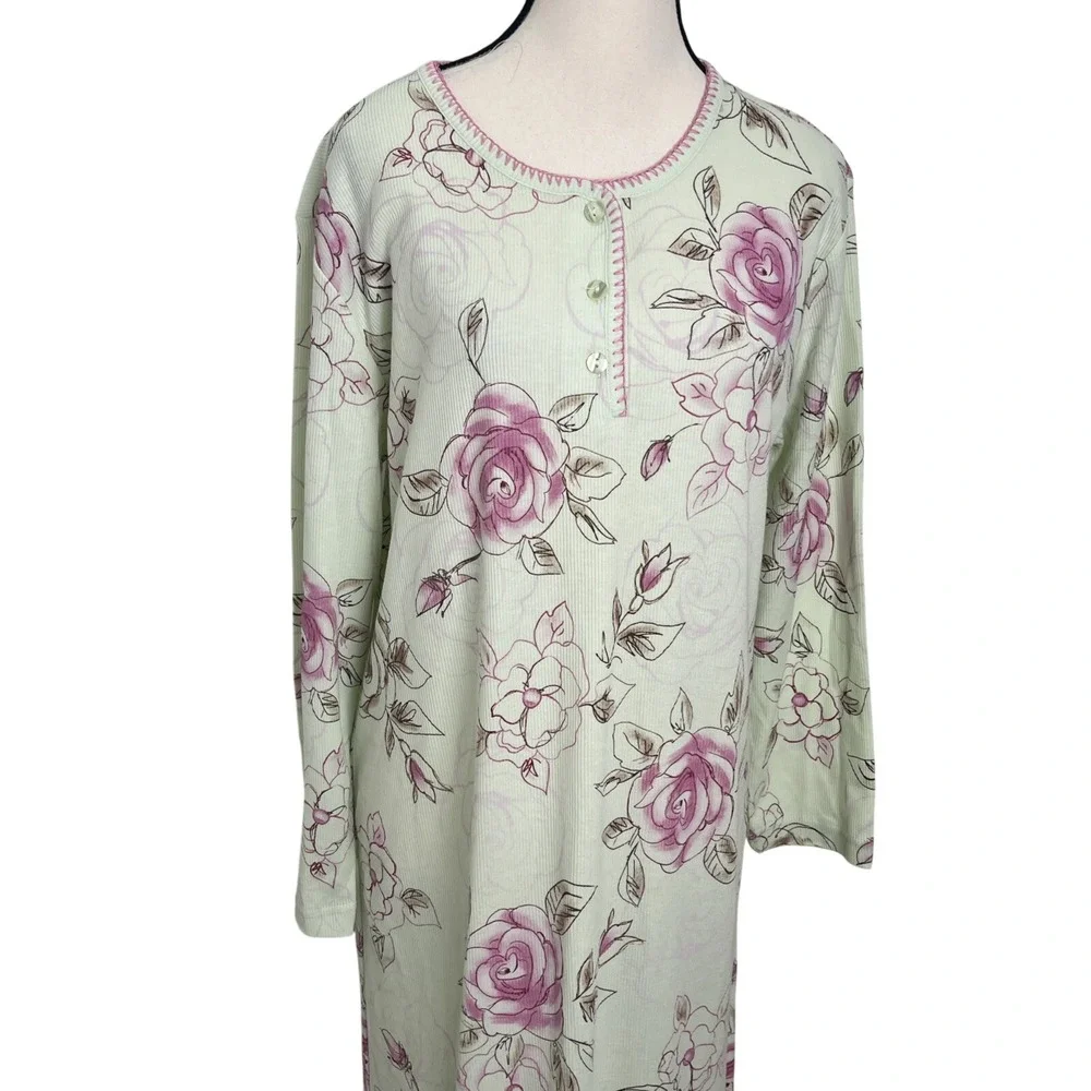 Of the Moment Nightgown Womens Medium Green Pink Good Floral‎ Ribbed Henley Long